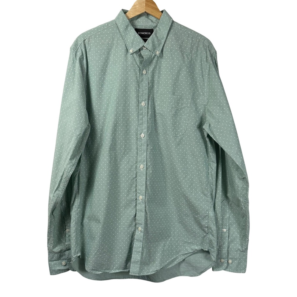 Bonobos Slim Fit Oxford Button Down Shirt Green Polka Ditsy Dot OCBD Mens L Long